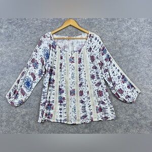 Lucky Brand Tunic Shirt Floral White XS Crochet Details‎ Long Sleeve Oversized